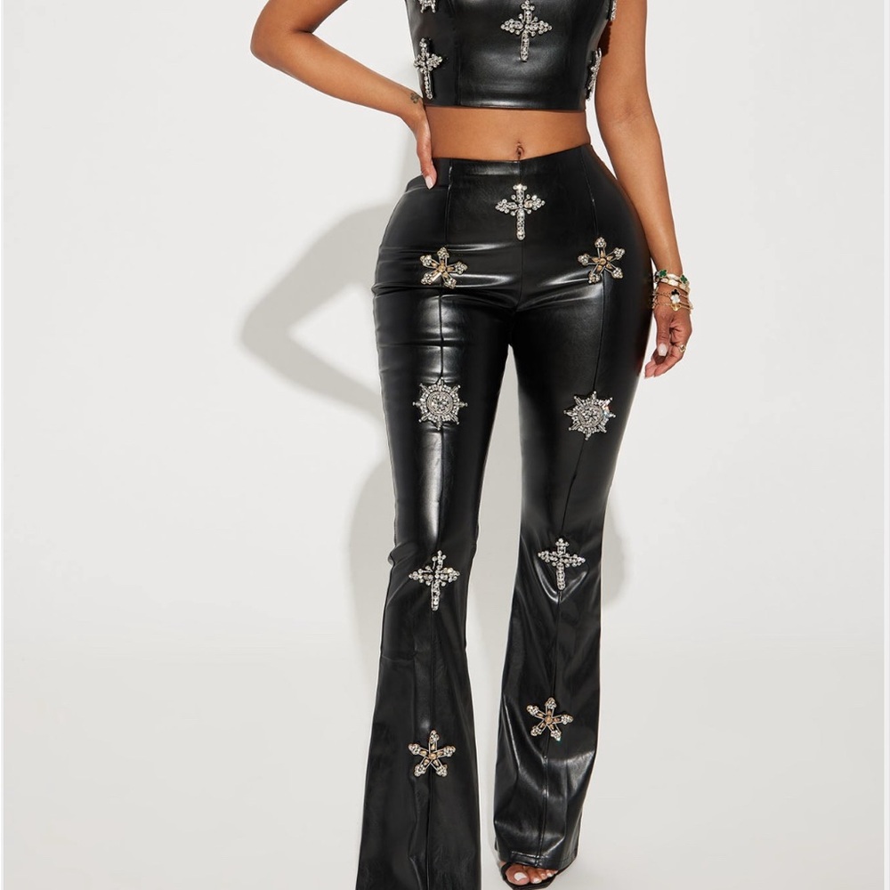 Fashion Nova Black Embellished Women's faux leather 2 piece set size S